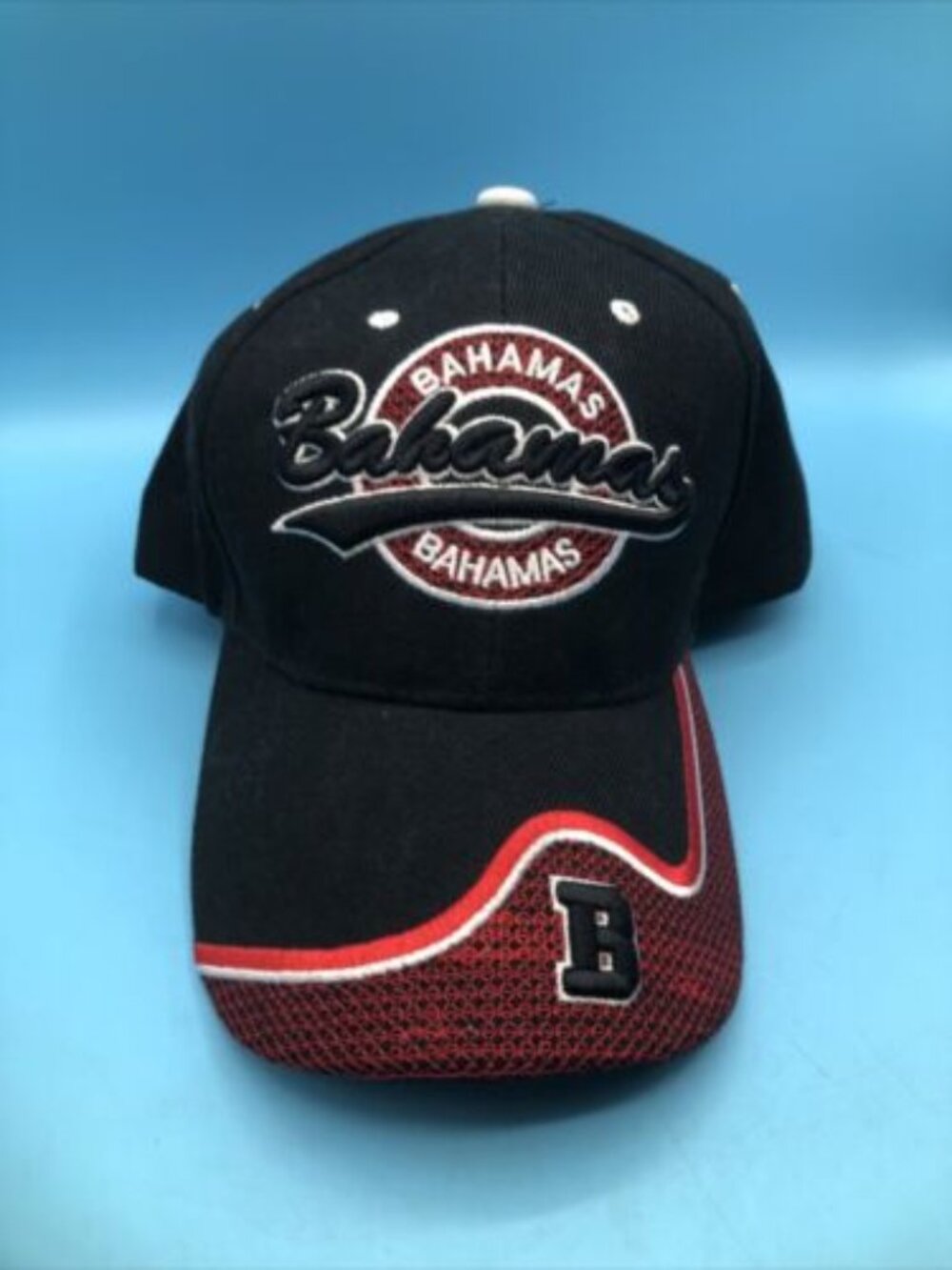 Bahamas Hat Cap Adjustable Black Red White Island Vacation NWOT “B” Logo